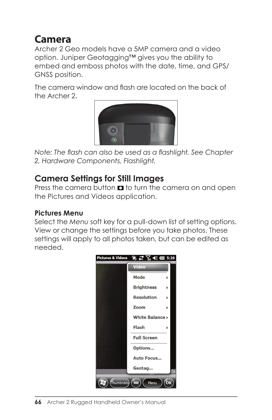 Camera settings for still images, Camera | Juniper Systems Archer 2 User Guide User Manual | Page 70 / 133