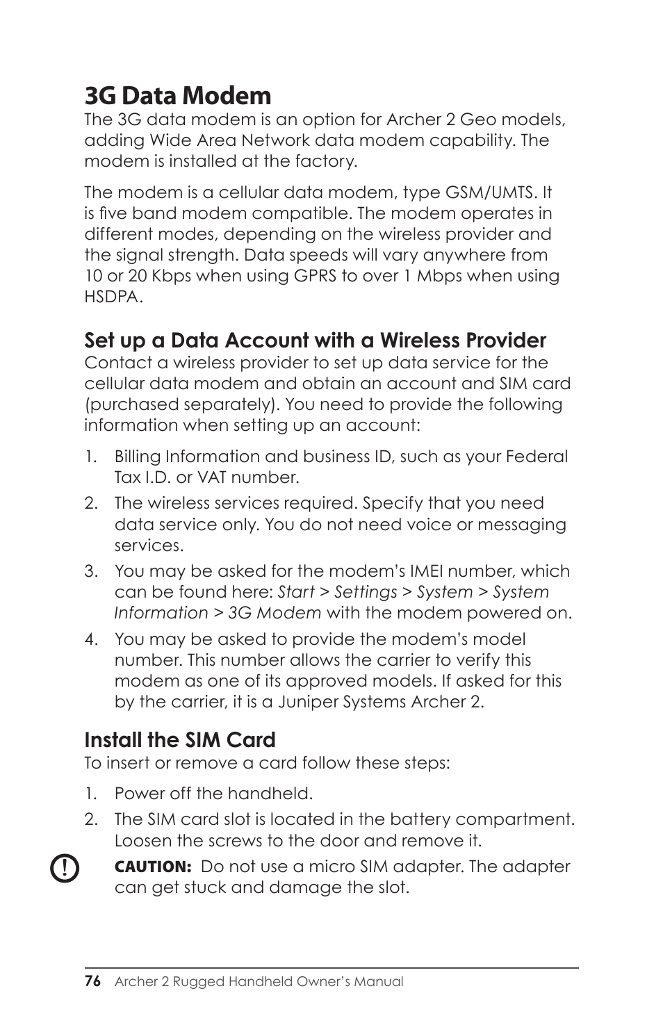 Set up a data account with a wireless provider, Install the sim card, 3g data modem | Juniper Systems Archer 2 User Guide User Manual | Page 80 / 133