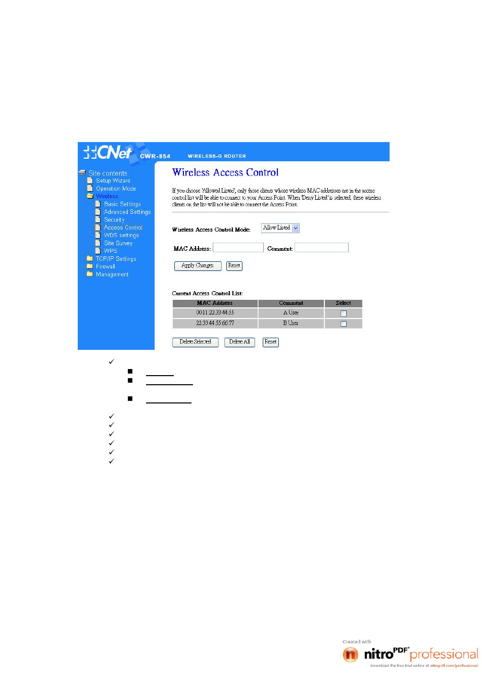 4 access control | CNET CWR-854 User Manual | Page 33 / 70