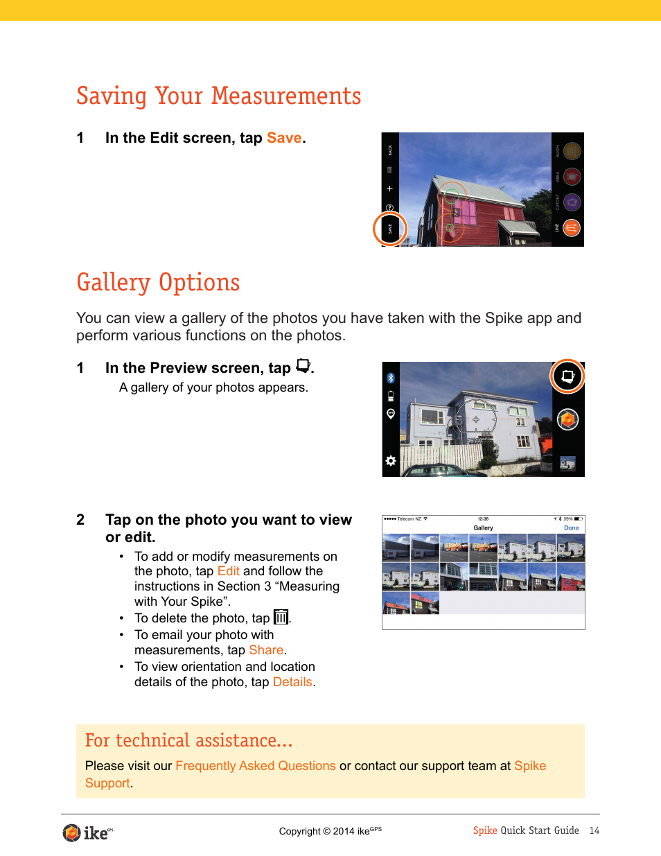 Saving your measurements, Gallery options, For technical assistance | Juniper Systems ikeGPS User Manual | Page 14 / 16
