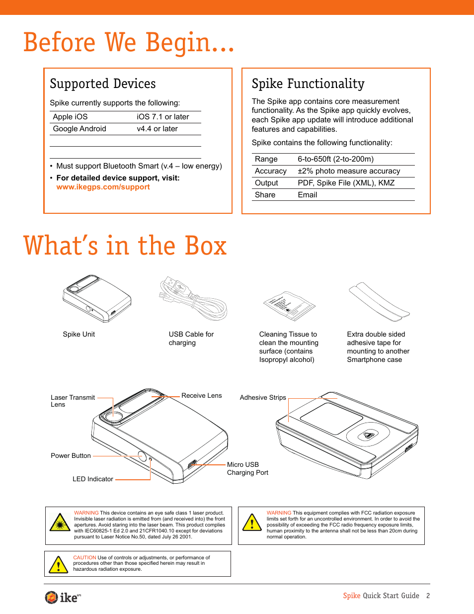 Before we begin, What’s in the box, Supported devices | Spike functionality | Juniper Systems ikeGPS User Manual | Page 2 / 16