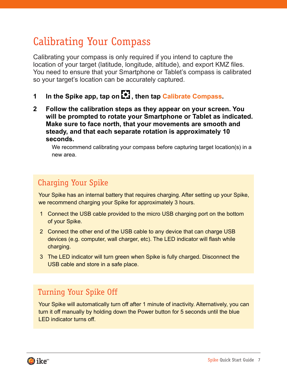 Calibrating your compass, Charging your spike, Turning your spike off | Juniper Systems ikeGPS User Manual | Page 7 / 16