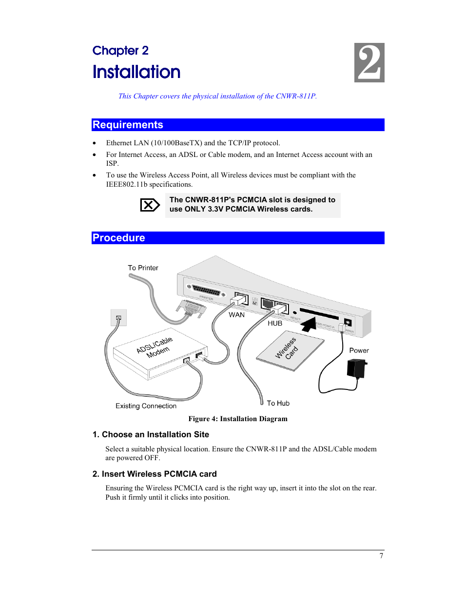 Chapter 2 installation, Requirements, Procedure | Requirements procedure, Installation | CNET CNWR-811P User Manual | Page 10 / 68