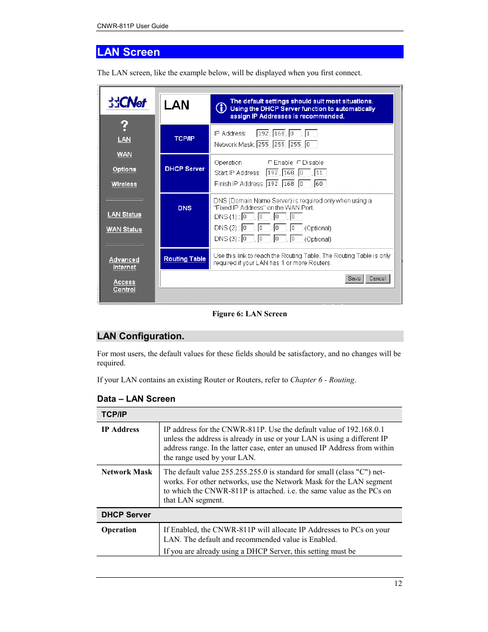 Lan screen | CNET CNWR-811P User Manual | Page 15 / 68