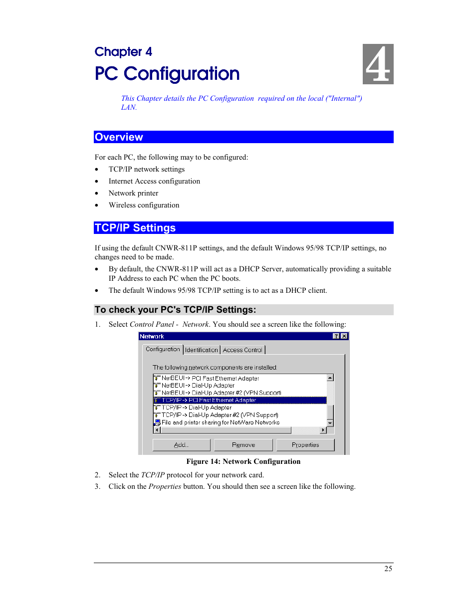 Chapter 4 pc configuration, Overview, Tcp/ip settings | Overview tcp/ip settings, Pc configur, Pc configur pc configura a a ation tion tion tion | CNET CNWR-811P User Manual | Page 28 / 68