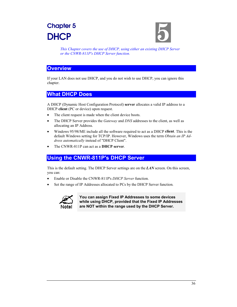 Chapter 5 dhcp, Overview, What dhcp does | Using the cnwr-811p's dhcp server, Dhcp | CNET CNWR-811P User Manual | Page 39 / 68