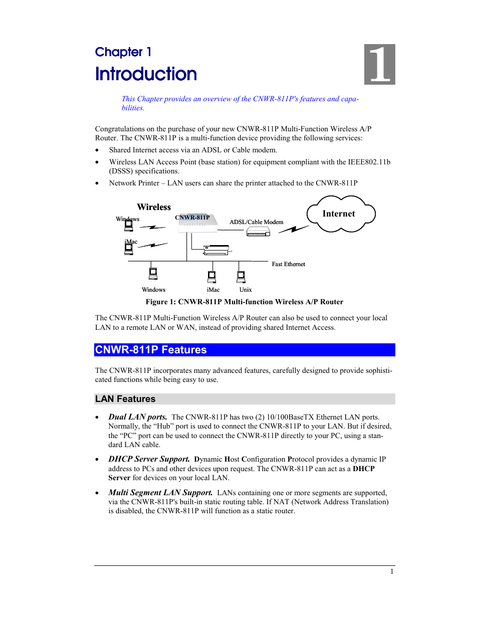 Chapter 1 introduction, Cnwr-811p features, Introduction | Chapter 1 | CNET CNWR-811P User Manual | Page 4 / 68