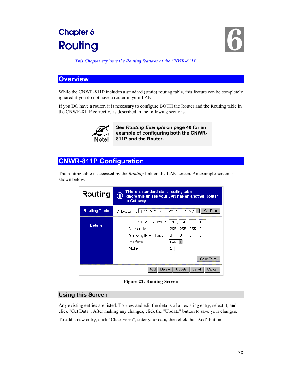 Chapter 6 routing, Overview, Cnwr-811p configuration | Overview cnwr-811p configuration, Routing | CNET CNWR-811P User Manual | Page 41 / 68