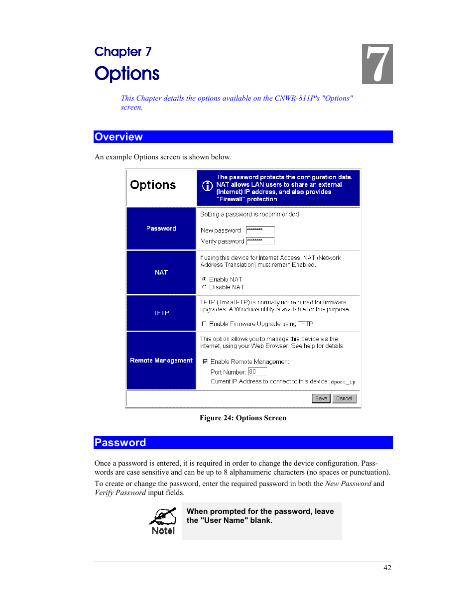 Chapter 7 options, Overview, Password | Overview password, Options | CNET CNWR-811P User Manual | Page 45 / 68