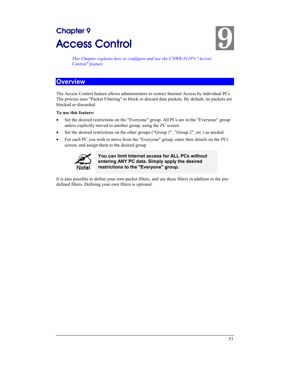 Chapter 9 access control, Overview, Access control | CNET CNWR-811P User Manual | Page 56 / 68