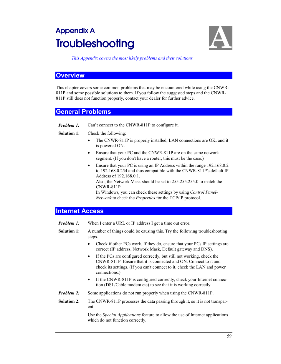Appendix a troubleshooting, Overview, General problems | Internet access, Overview general problems internet access, Troubleshooting | CNET CNWR-811P User Manual | Page 62 / 68