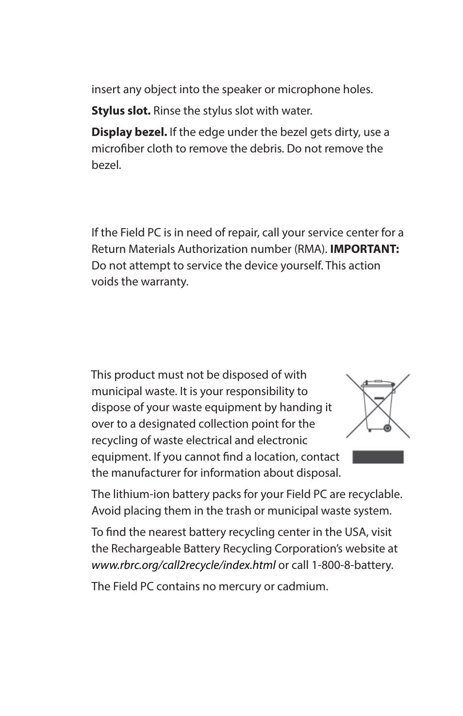 Repairing the field pc, Disposing of the field pc and battery packs | Juniper Systems Archer Reference Guide User Manual | Page 100 / 153