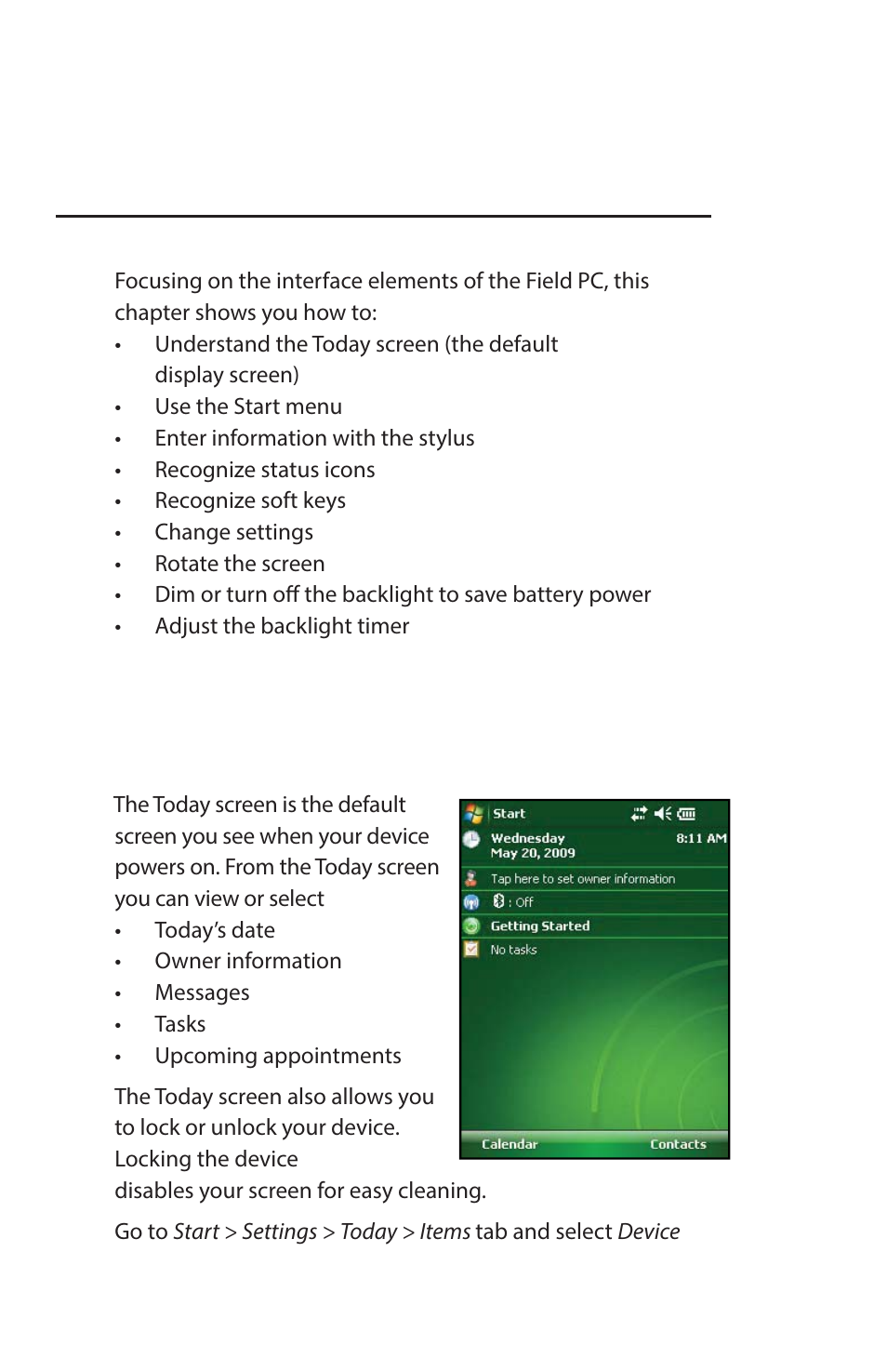 Using the field pc, Understanding the today screen, Chapter 4 | Juniper Systems Archer Reference Guide User Manual | Page 37 / 153