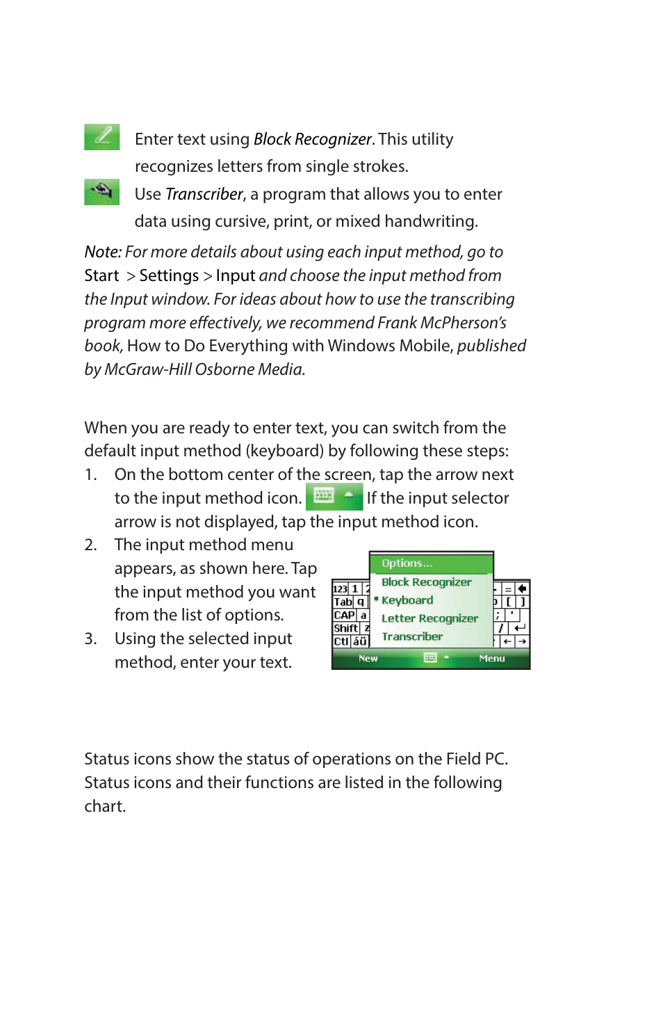 Recognizing status icons | Juniper Systems Archer Reference Guide User Manual | Page 39 / 153