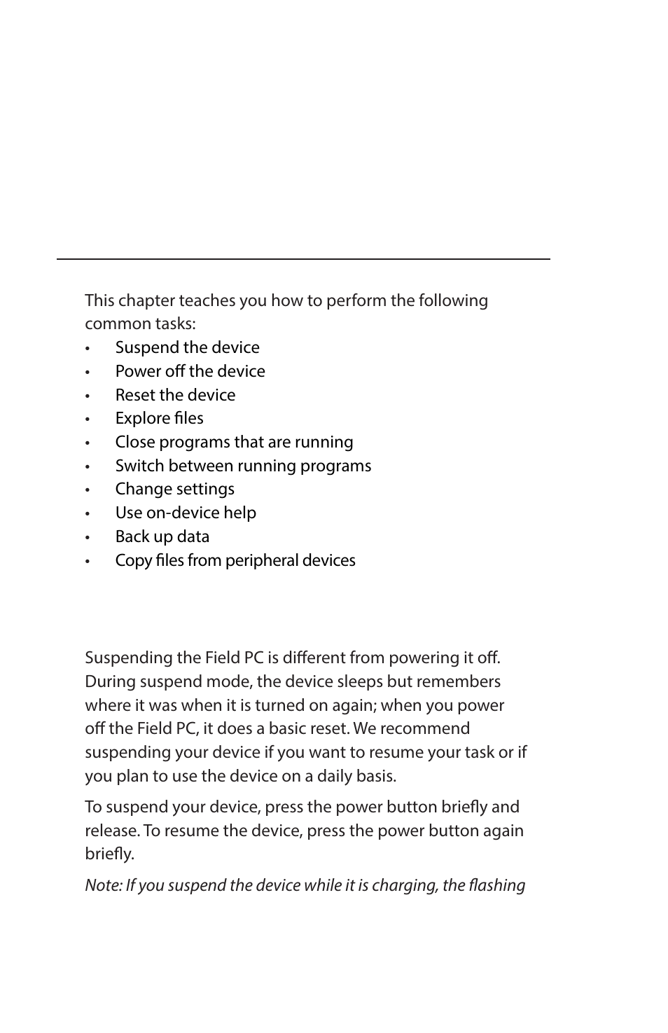Performing common tasks on the field pc, Suspending the device, Chapter 5 | Juniper Systems Archer Reference Guide User Manual | Page 45 / 153