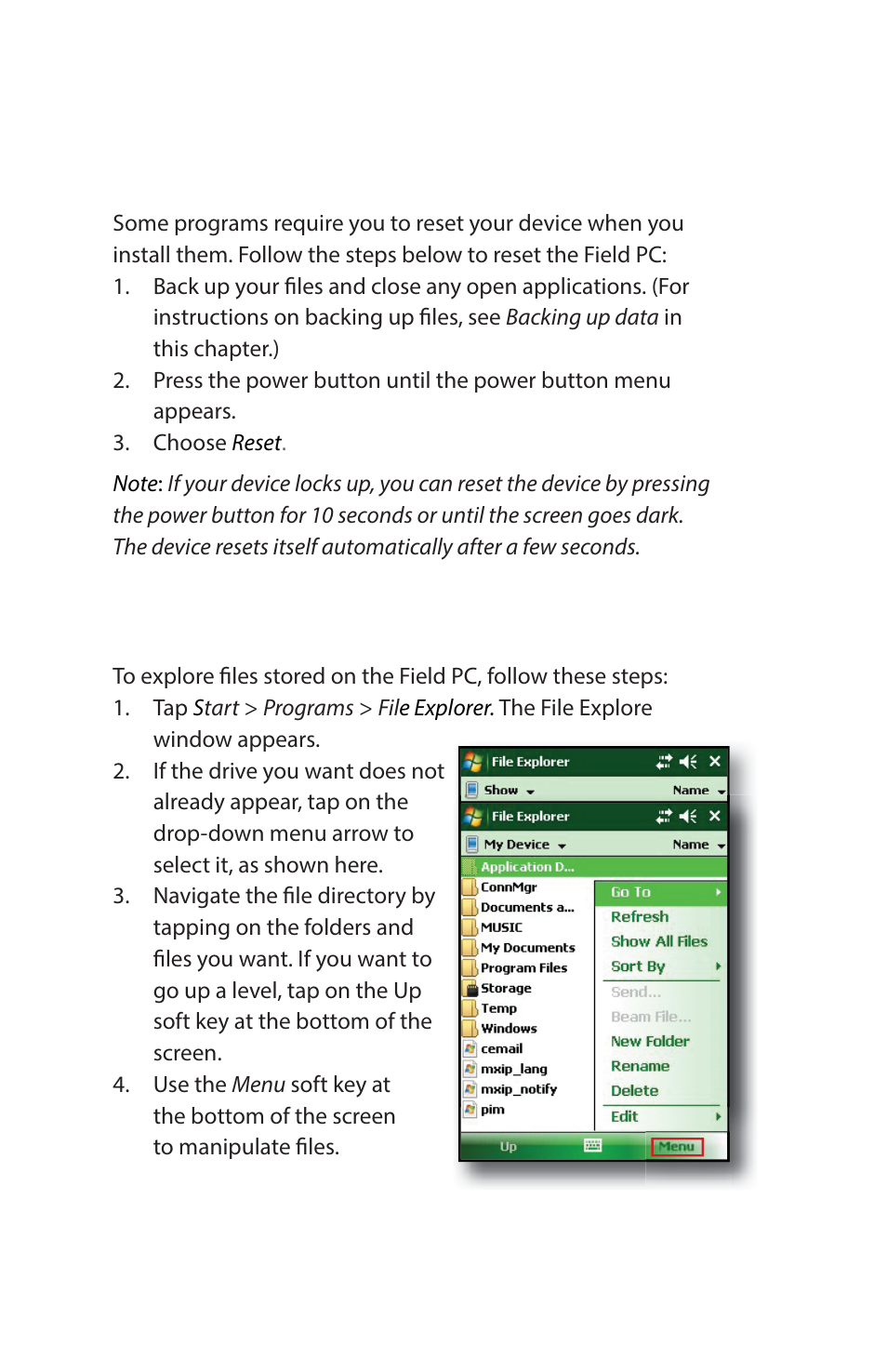 Resetting the device, Exploring fi les | Juniper Systems Archer Reference Guide User Manual | Page 47 / 153
