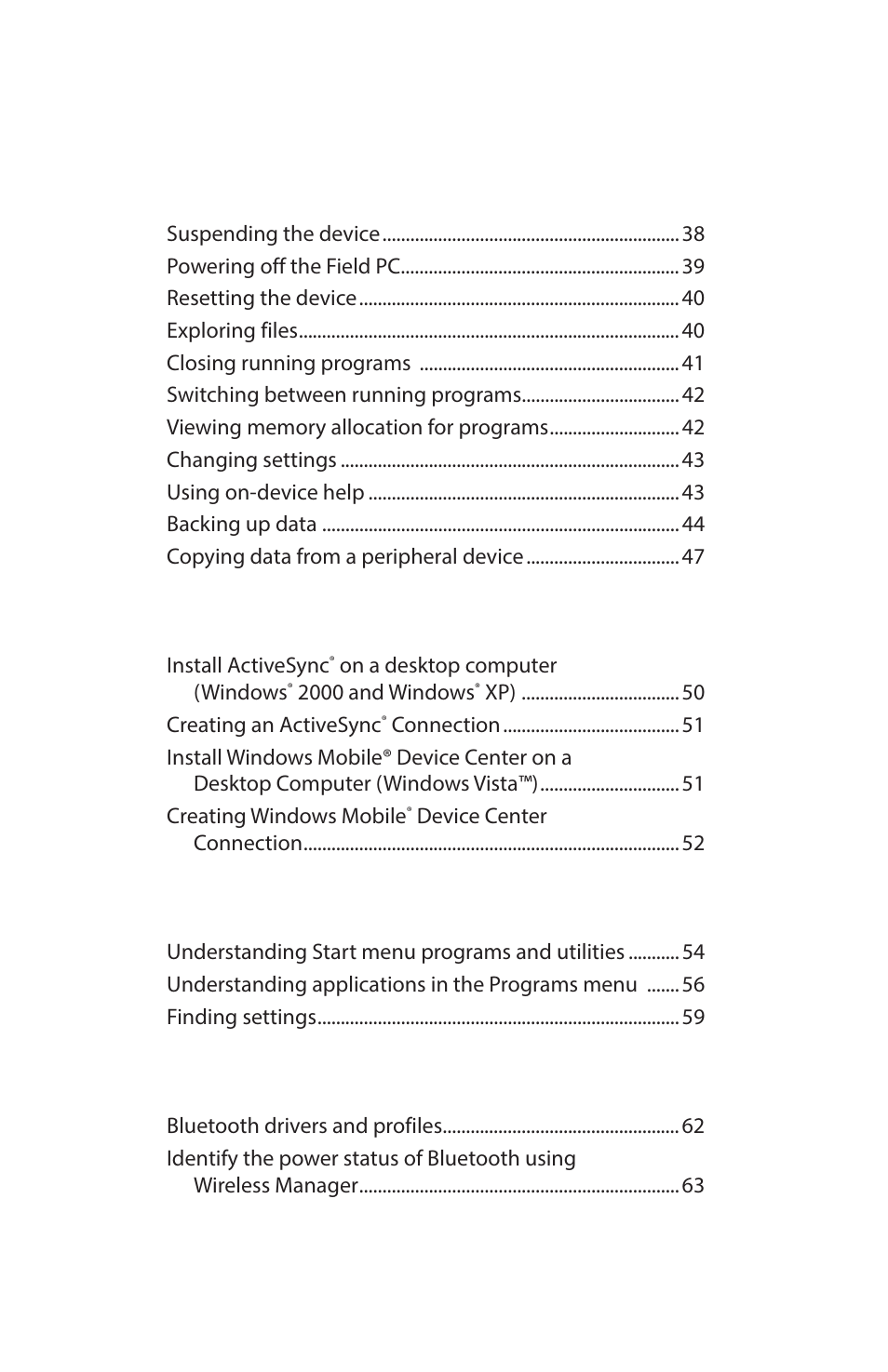 5 performing common tasks on the field pc 38, 6 communicating with a desktop computer 50, 7 getting to know programs and settings 54 | 8 using the integrated bluetooth, Option 62 | Juniper Systems Archer Reference Guide User Manual | Page 5 / 153