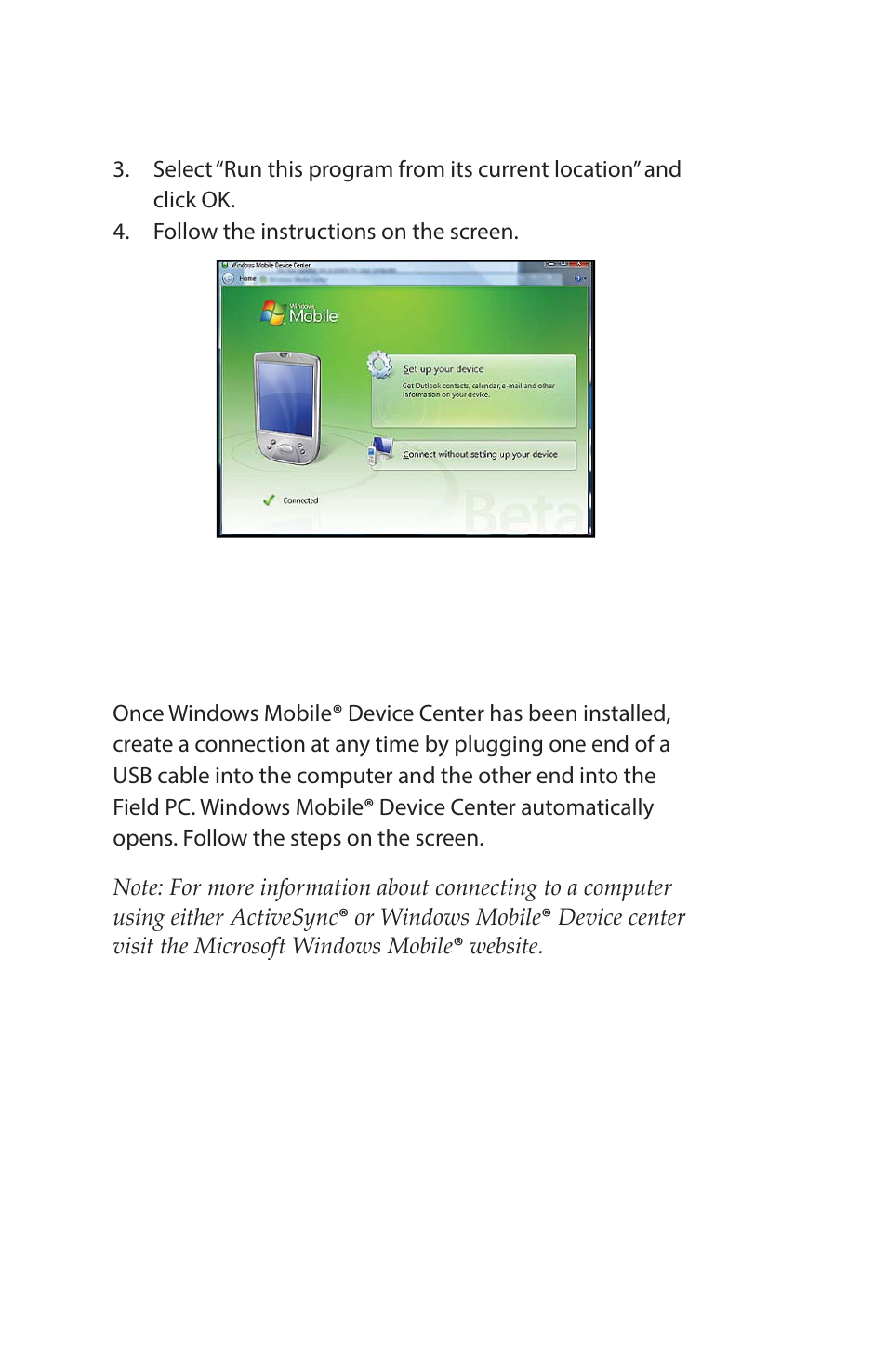 Creating windows mobile, Device center connection | Juniper Systems Archer Reference Guide User Manual | Page 59 / 153