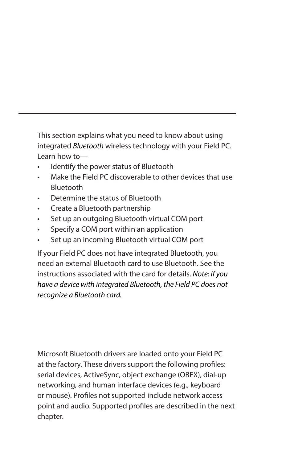 Using the integrated bluetooth, Option, Bluetooth drivers and profi les | Chapter 8 | Juniper Systems Archer Reference Guide User Manual | Page 69 / 153