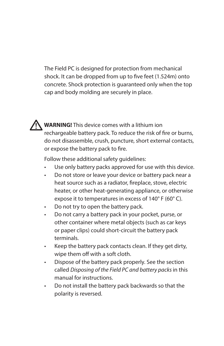 Protecting the field pc against mechanical shock, Battery warnings | Juniper Systems Archer Reference Guide User Manual | Page 96 / 153