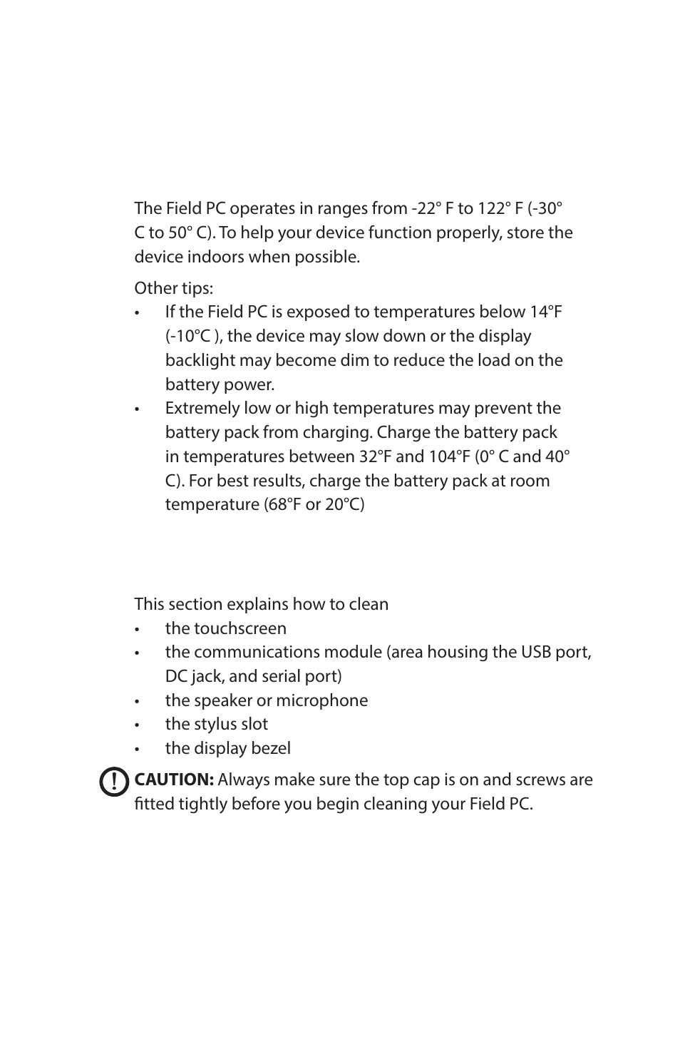 Using the field pc in extreme temperatures, Cleaning the field pc | Juniper Systems Archer Reference Guide User Manual | Page 98 / 153