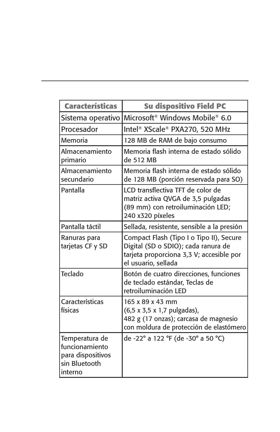 Especifi caciones del producto, Apéndice a | Juniper Systems Archer User Manual User Manual | Page 117 / 384