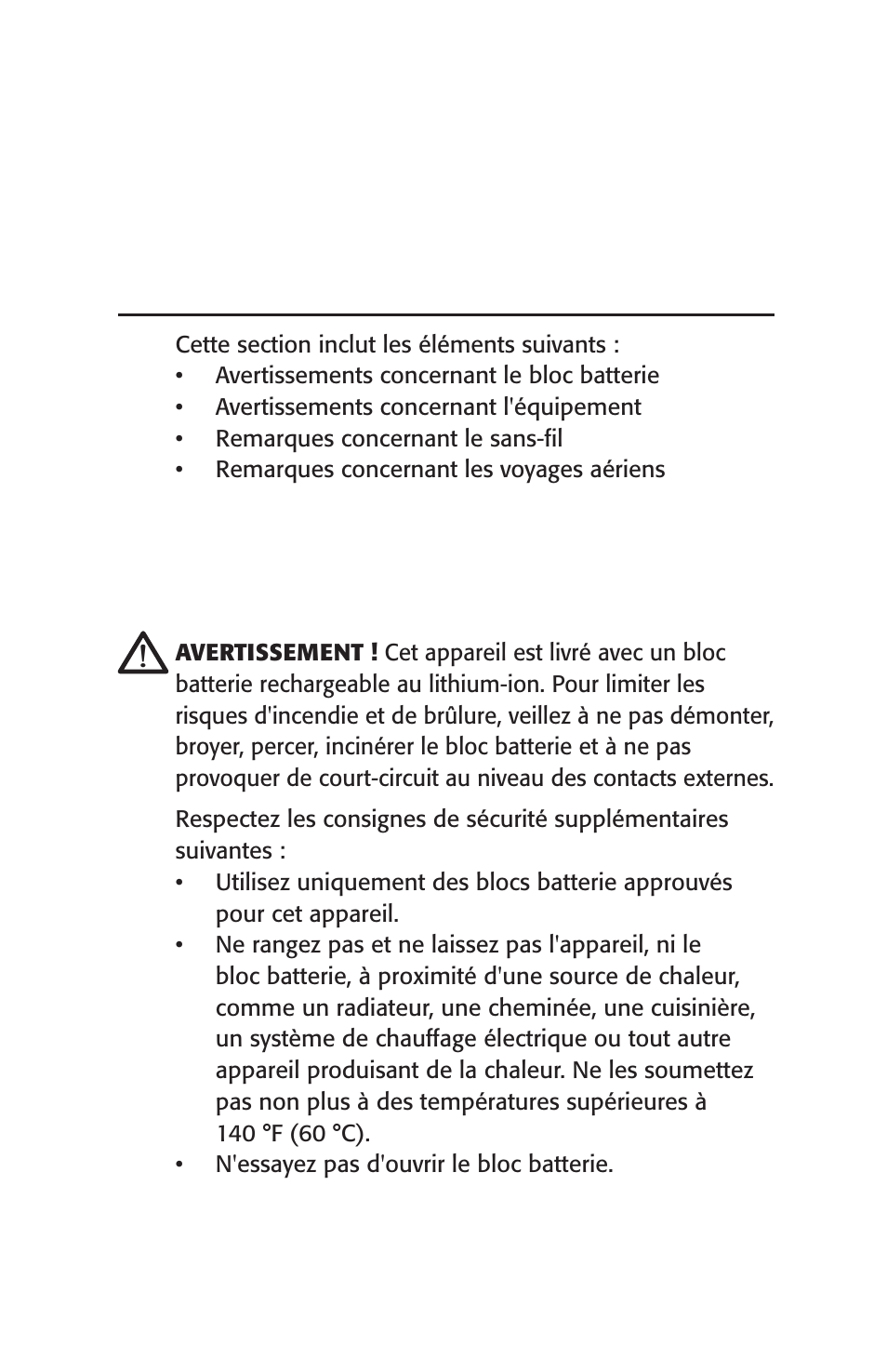 Mises en garde concernant la sécurité, Avertissements concernant la batterie | Juniper Systems Archer User Manual User Manual | Page 143 / 384