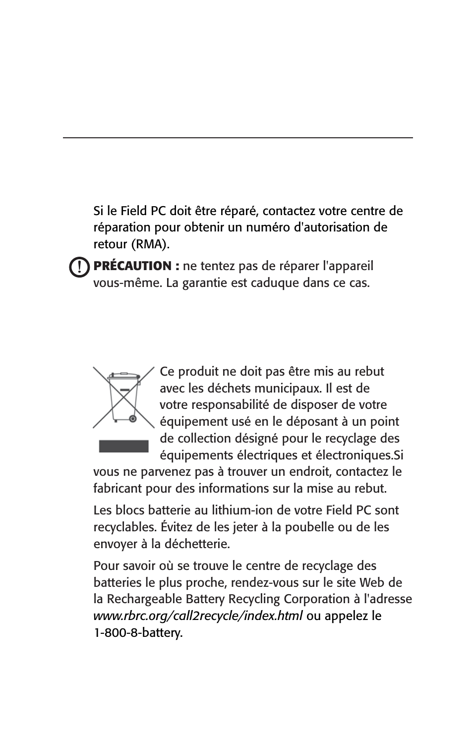 Réparation et mise au rebut, Réparation du field pc, Mise au rebut du field pc et du bloc batterie | Juniper Systems Archer User Manual User Manual | Page 147 / 384