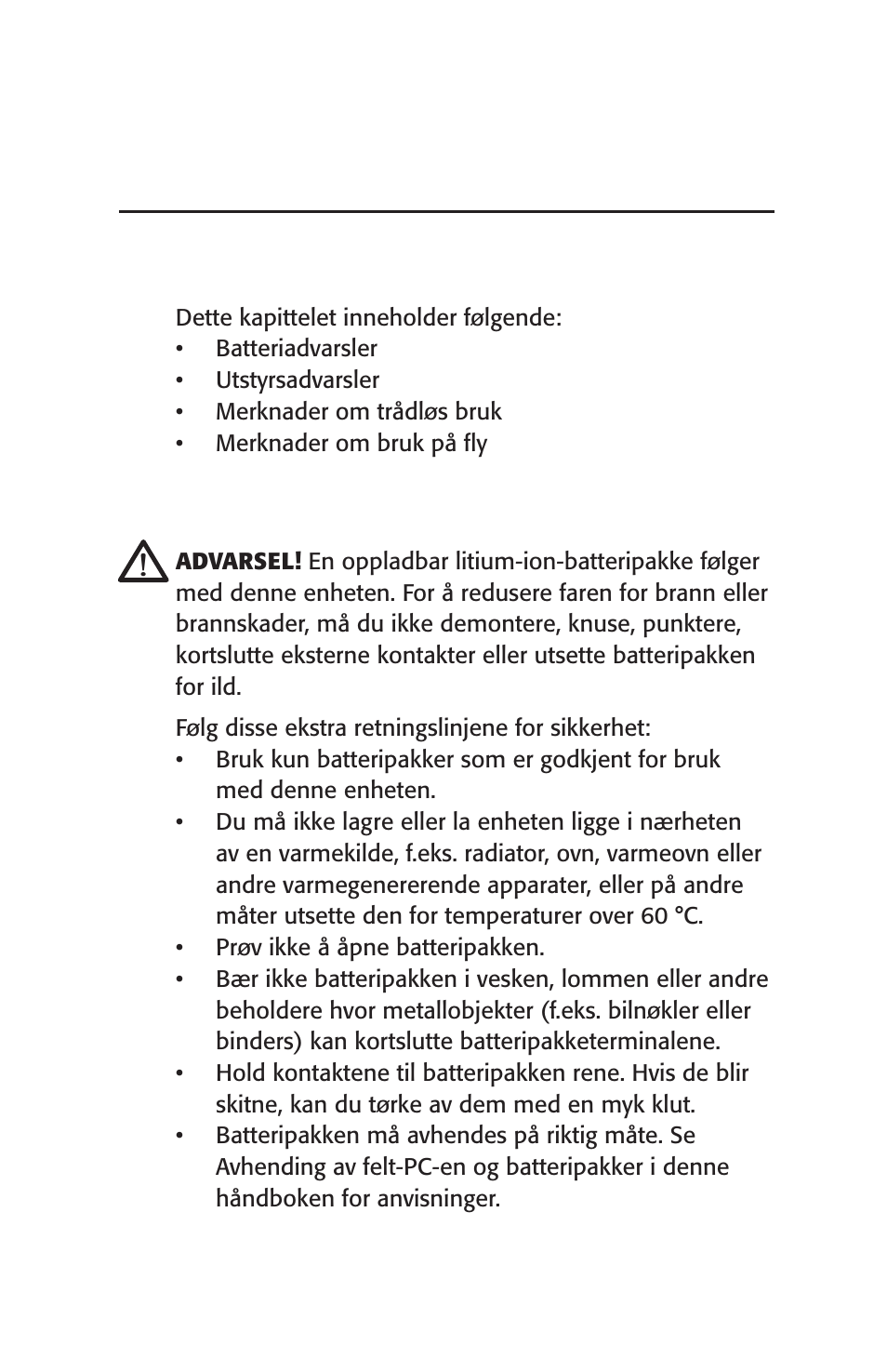 Sikkerhetsadvarsler, Batteriadvarsler, Kapittel 3 | Juniper Systems Archer User Manual User Manual | Page 239 / 384