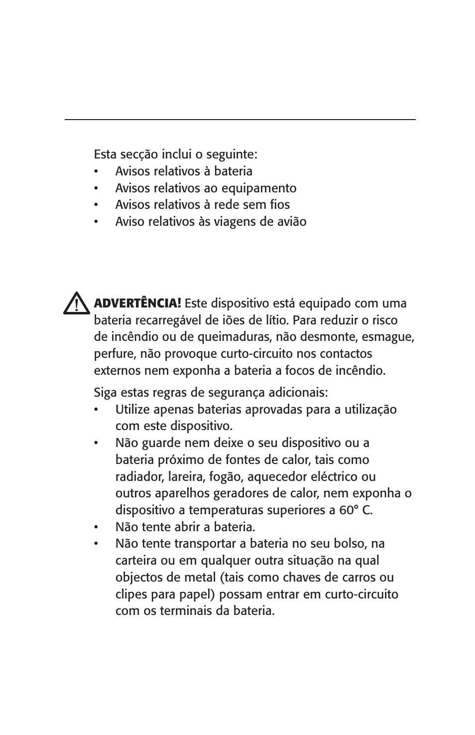 Avisos de segurança, Avisos relativos à bateria, Capítulo 3 | Juniper Systems Archer User Manual User Manual | Page 271 / 384