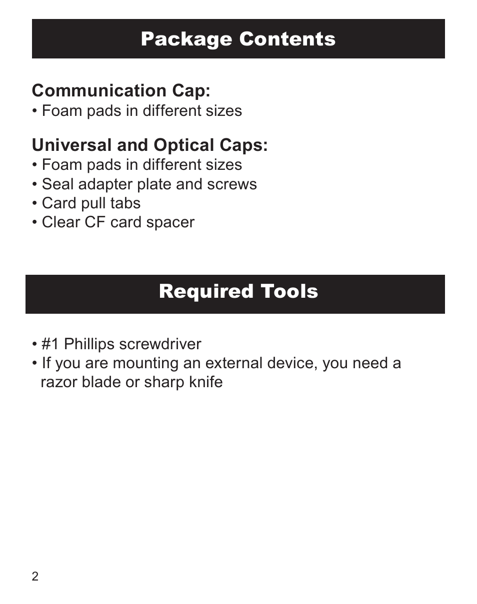 Package contents, Required tools | Juniper Systems ltra-Rugged Field PC Extended Caps User Manual | Page 2 / 16