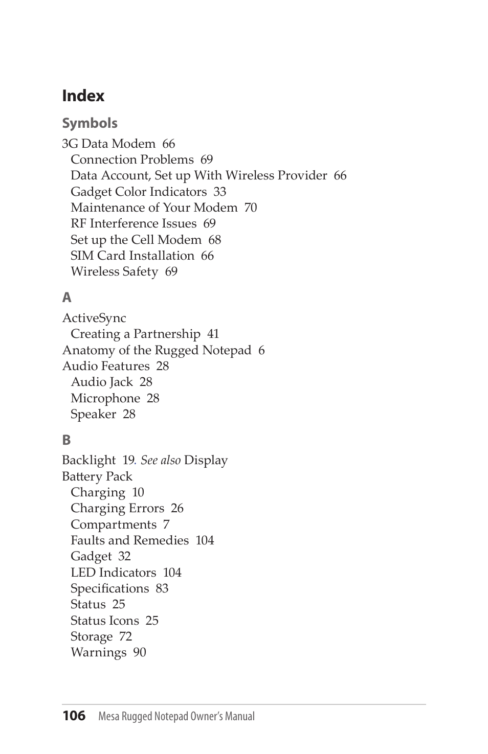 Index | Juniper Systems Mesa User Guide User Manual | Page 106 / 112