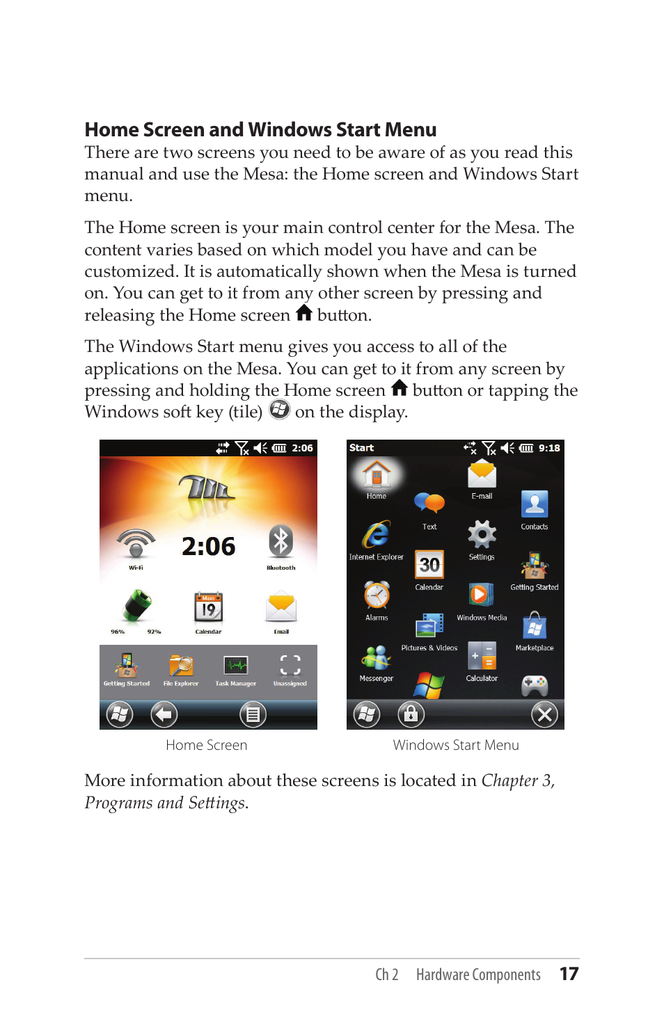 Home screen and windows start menu | Juniper Systems Mesa User Guide User Manual | Page 17 / 112