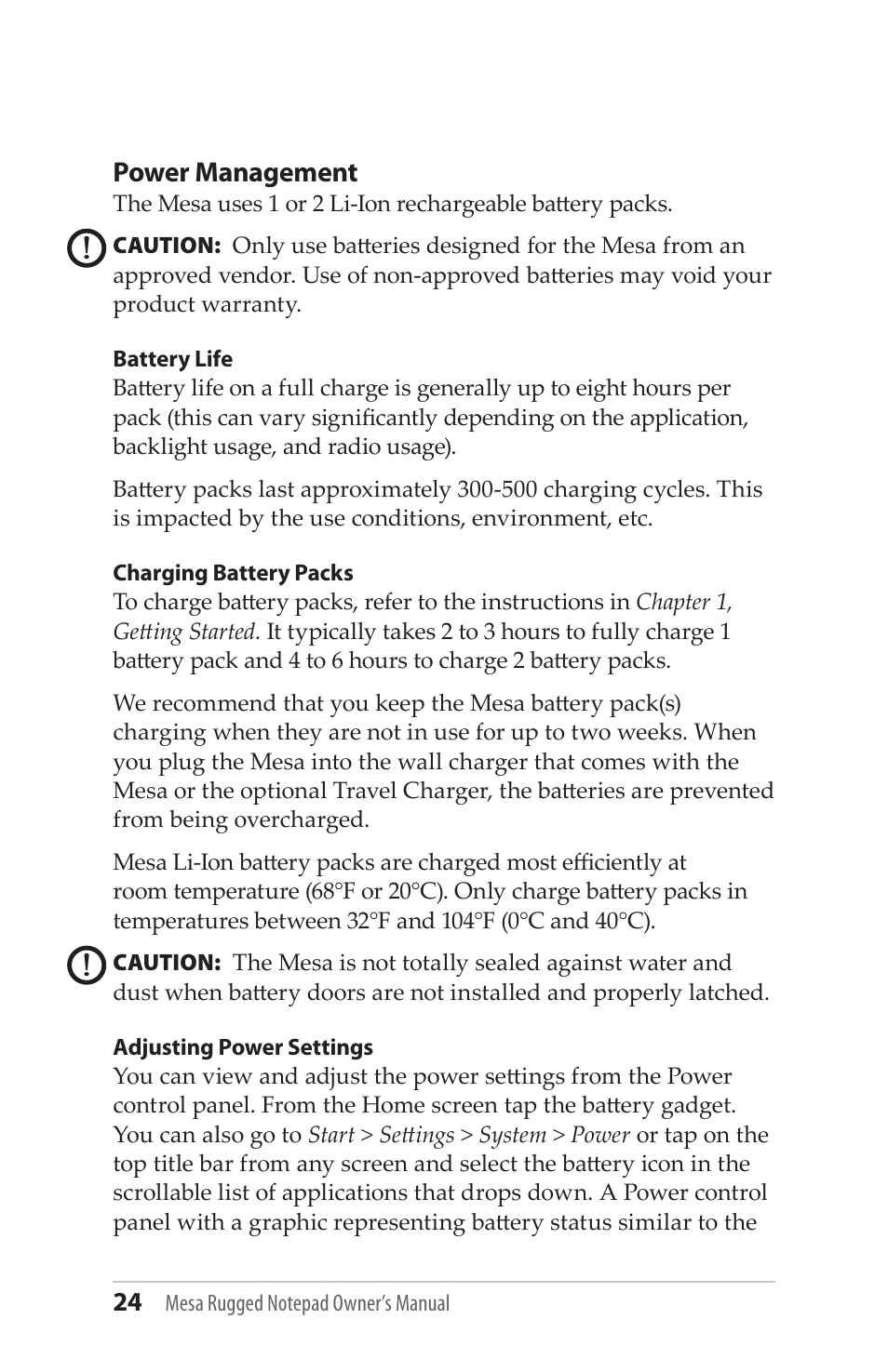 Power management | Juniper Systems Mesa User Guide User Manual | Page 24 / 112