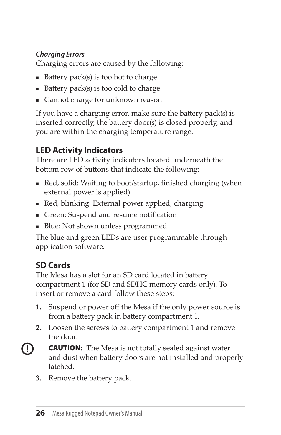Led activity indicators, Sd cards | Juniper Systems Mesa User Guide User Manual | Page 26 / 112