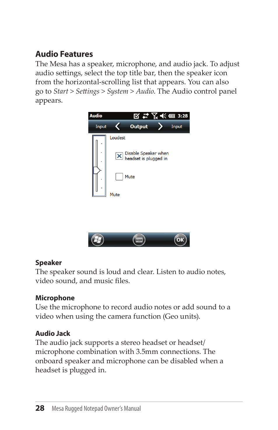 Audio features | Juniper Systems Mesa User Guide User Manual | Page 28 / 112