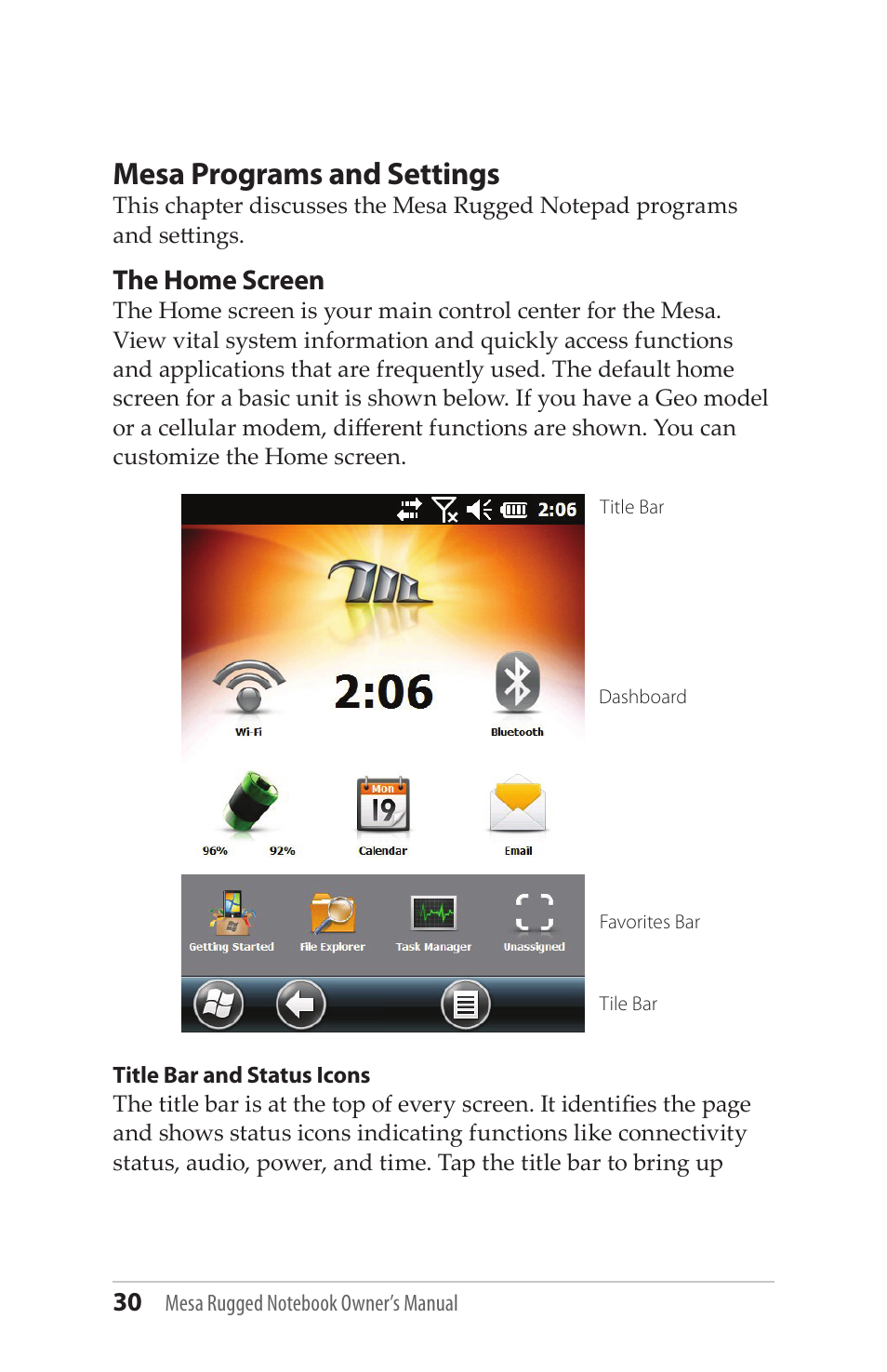 The home screen, Mesa programs and settings | Juniper Systems Mesa User Guide User Manual | Page 30 / 112
