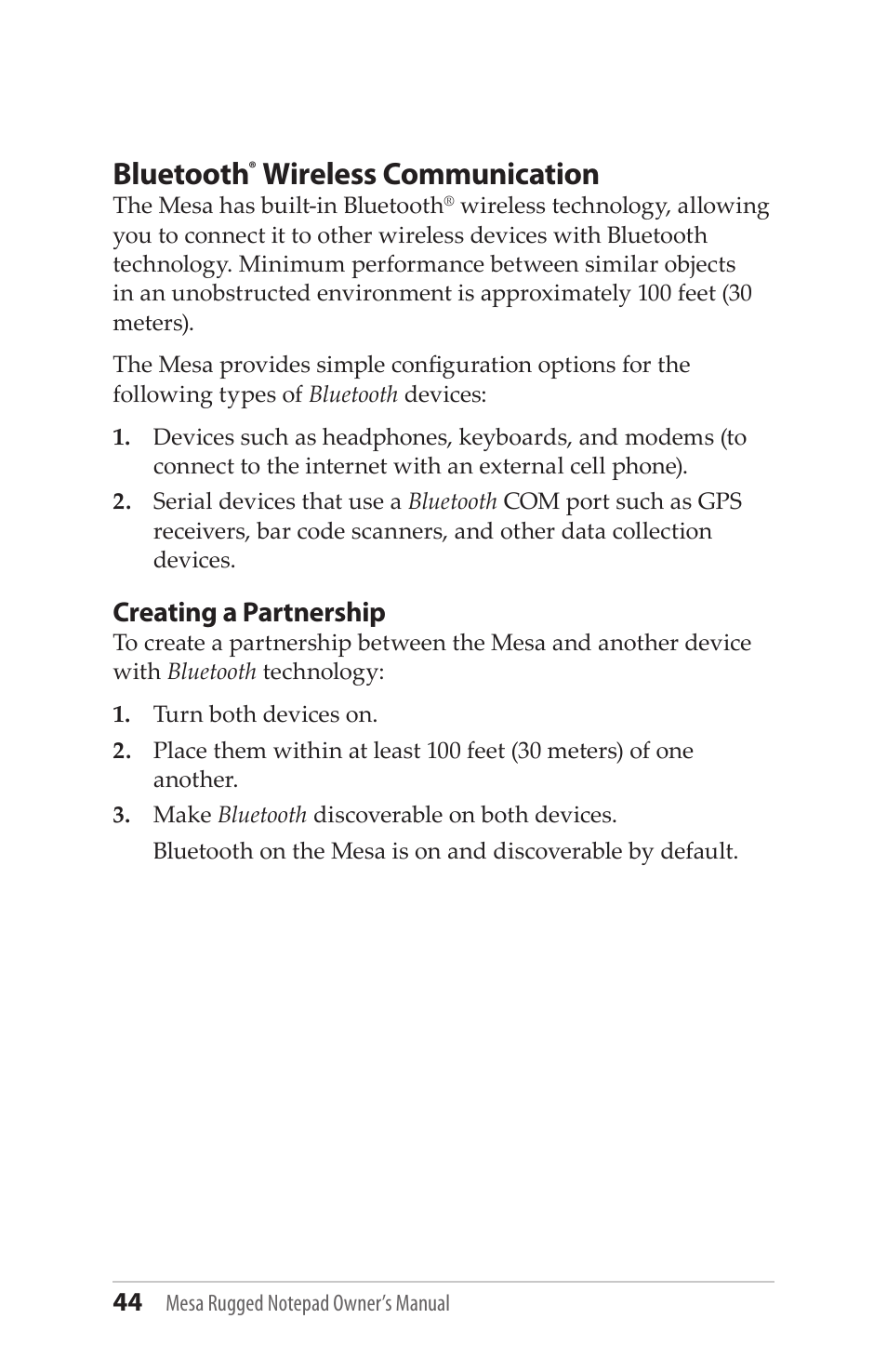 Creating a partnership, Bluetooth, Wireless communication | Juniper Systems Mesa User Guide User Manual | Page 44 / 112
