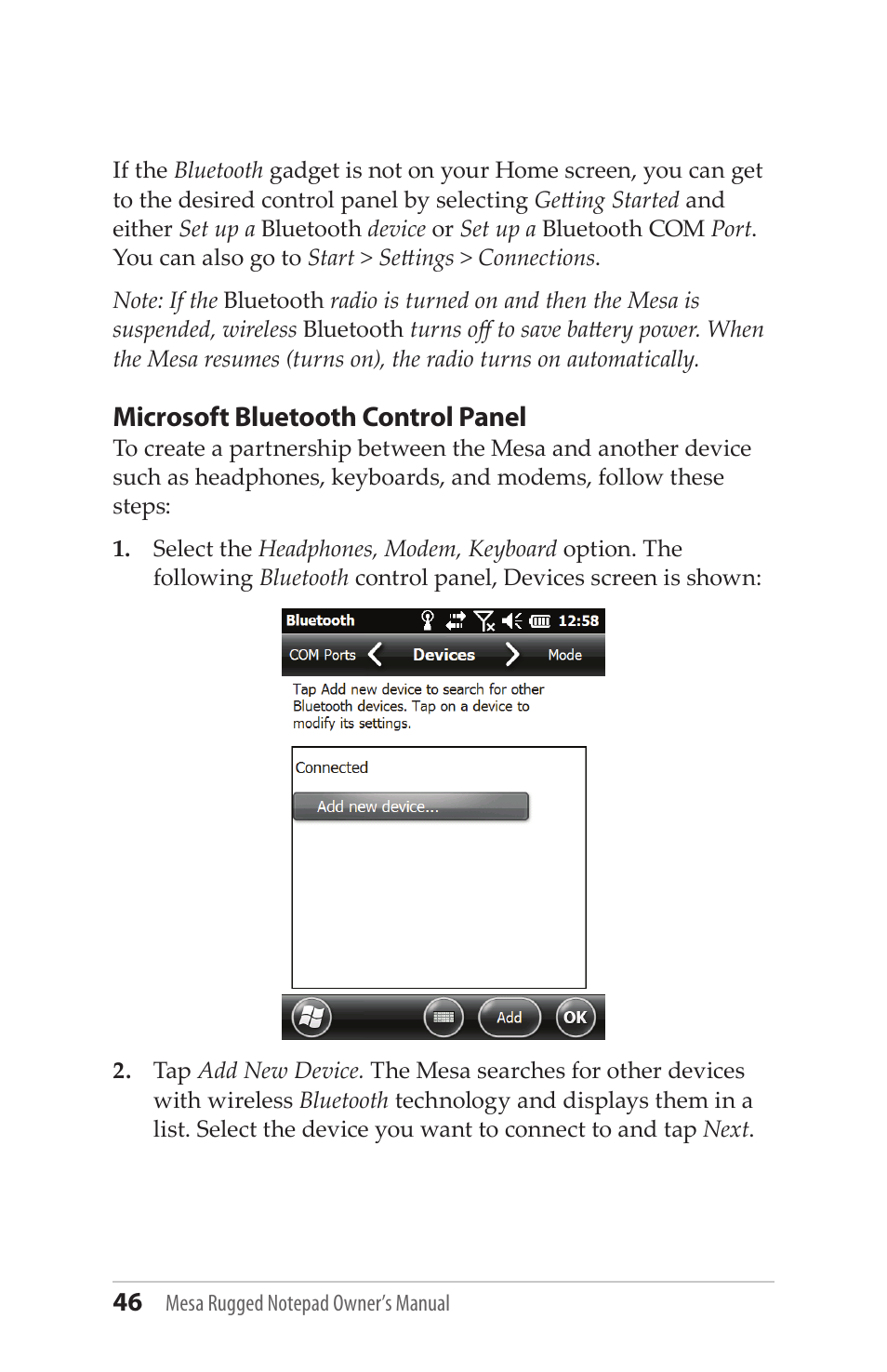 Microsoft bluetooth control panel | Juniper Systems Mesa User Guide User Manual | Page 46 / 112