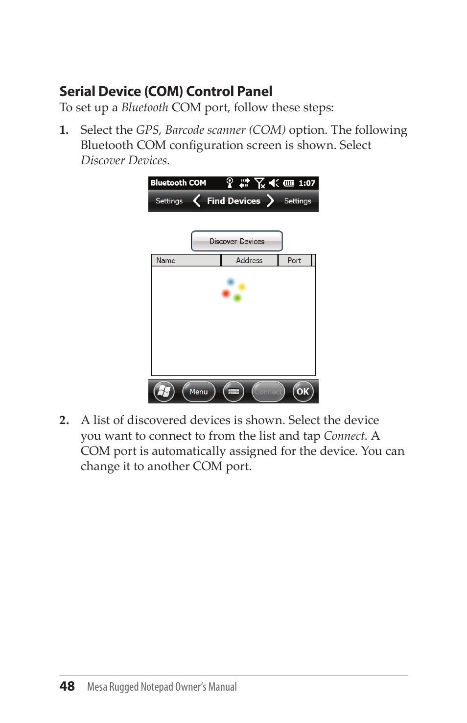 Serial device (com) control panel | Juniper Systems Mesa User Guide User Manual | Page 48 / 112