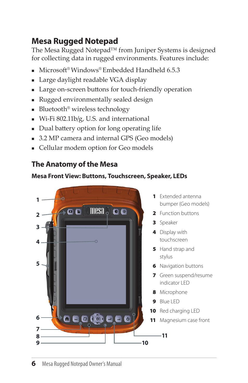 The anatomy of the mesa, Microsoft, Windows | Embedded handheld 6.5.3, Large daylight readable vga display, Rugged environmentally sealed design, Bluetooth, Wireless technology, Dual battery option for long operating life, 2 mp camera and internal gps (geo models) | Juniper Systems Mesa User Guide User Manual | Page 6 / 112
