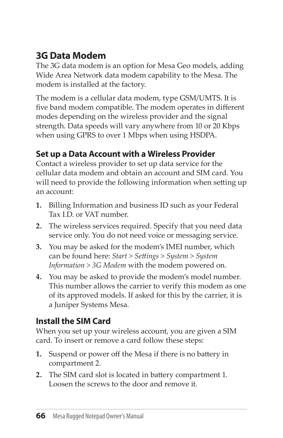 Set up a data account with a wireless provider, Install the sim card, 3g data modem | Juniper Systems Mesa User Guide User Manual | Page 66 / 112