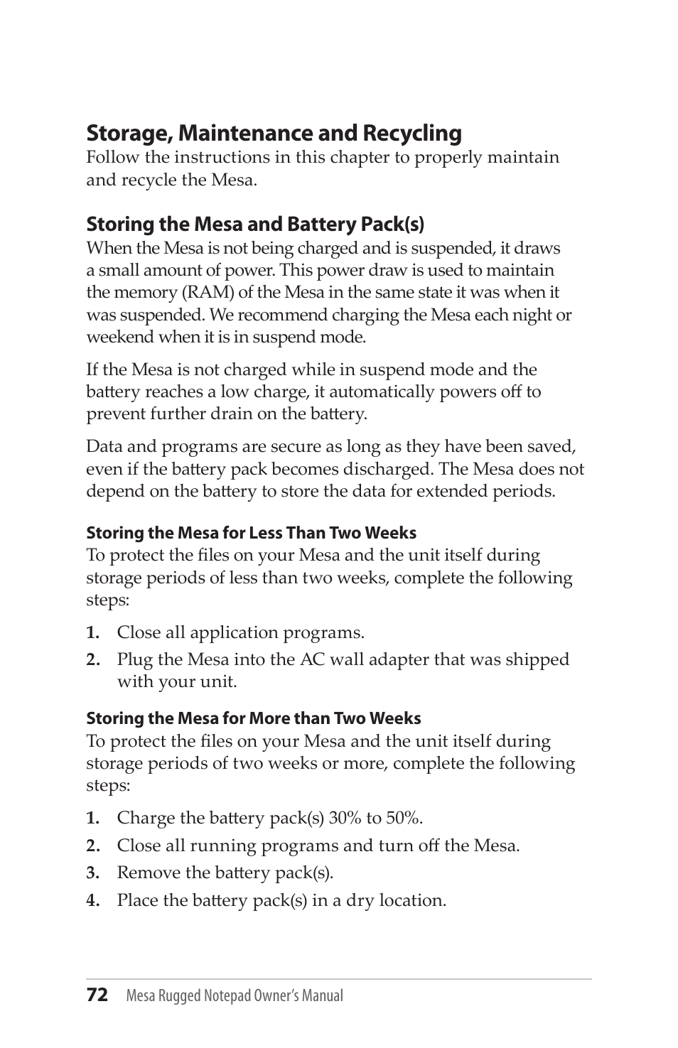 Storing the mesa and battery pack(s), Storage, maintenance and recycling | Juniper Systems Mesa User Guide User Manual | Page 72 / 112