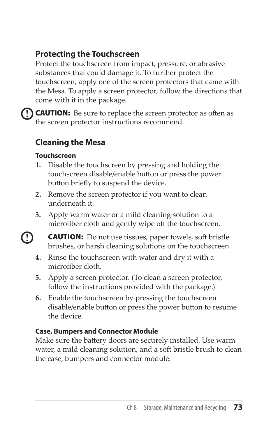 Protecting the touchscreen, Cleaning the mesa | Juniper Systems Mesa User Guide User Manual | Page 73 / 112