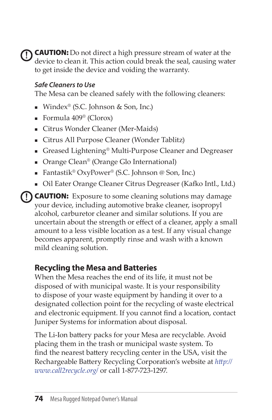 Recycling the mesa and batteries, Caution | Juniper Systems Mesa User Guide User Manual | Page 74 / 112