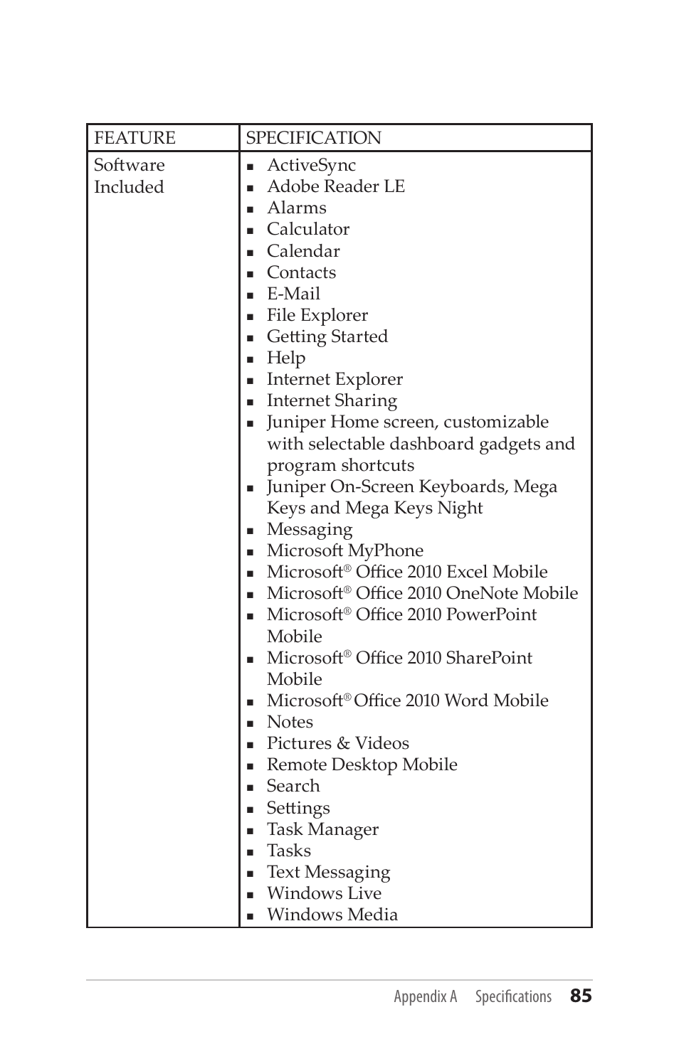 Feature specification software included, Activesync, Adobe reader le | Alarms, Calculator, Calendar, Contacts, E-mail, File explorer, Getting started | Juniper Systems Mesa User Guide User Manual | Page 85 / 112