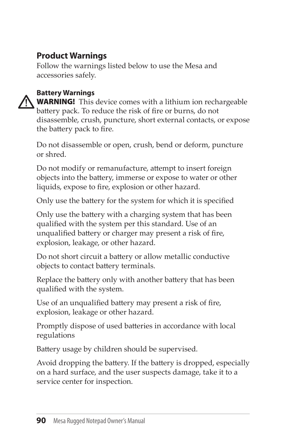Product warnings | Juniper Systems Mesa User Guide User Manual | Page 90 / 112