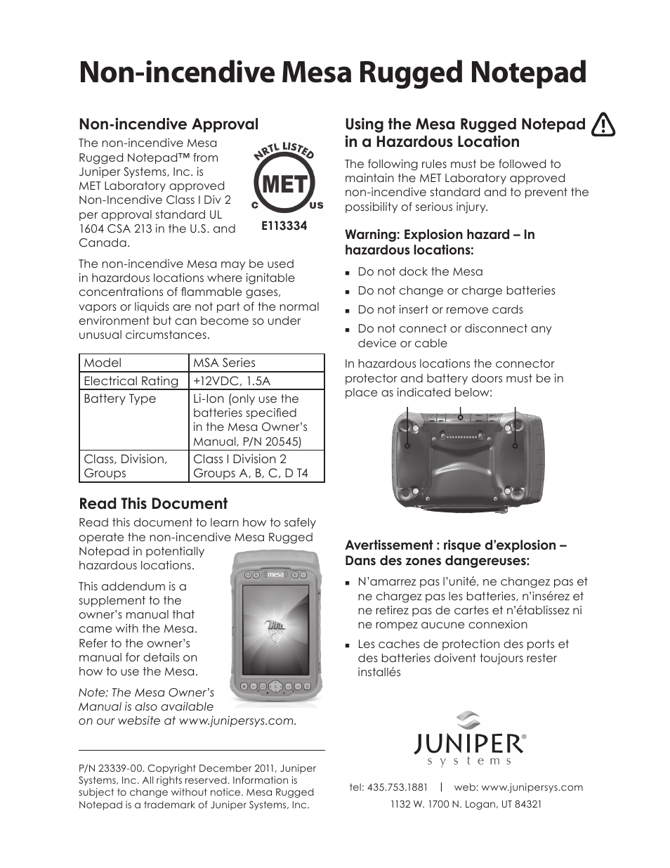 Juniper Systems Mesa Addendum User Manual | 1 page