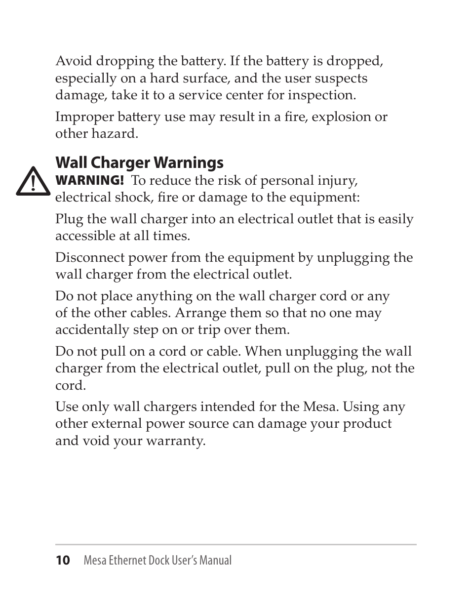 Wall charger warnings | Juniper Systems Mesa Ethernet Dock User Manual | Page 10 / 12