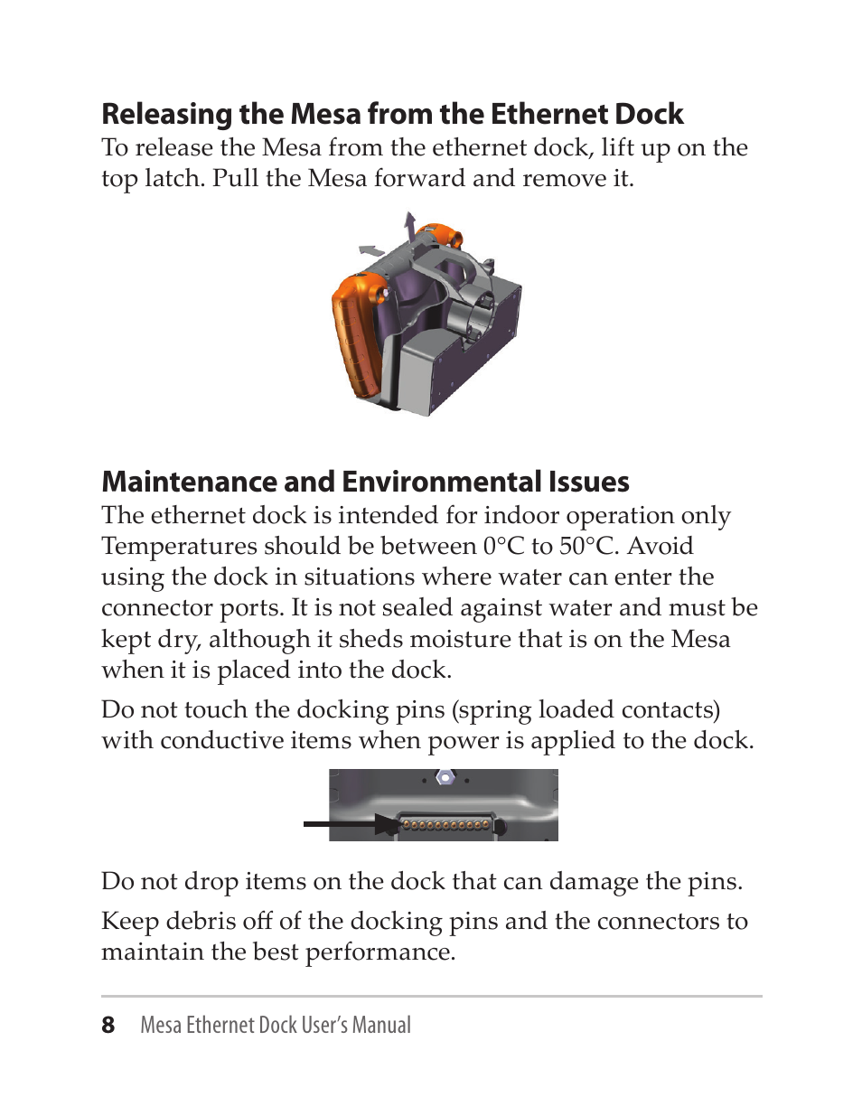 Releasing the mesa from the ethernet dock, Maintenance and environmental issues | Juniper Systems Mesa Ethernet Dock User Manual | Page 8 / 12